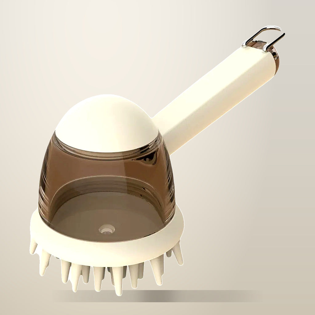 Press to Dispense Pet Bath Massage Brush, Beige, on a plain cream background