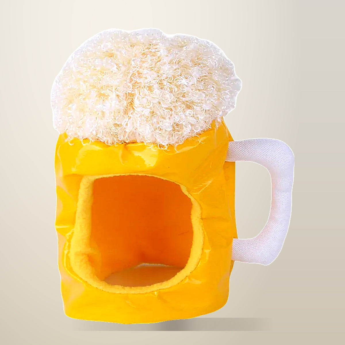 Beer Mug Shaped Pet Hat, Yellow, on a plain cream background