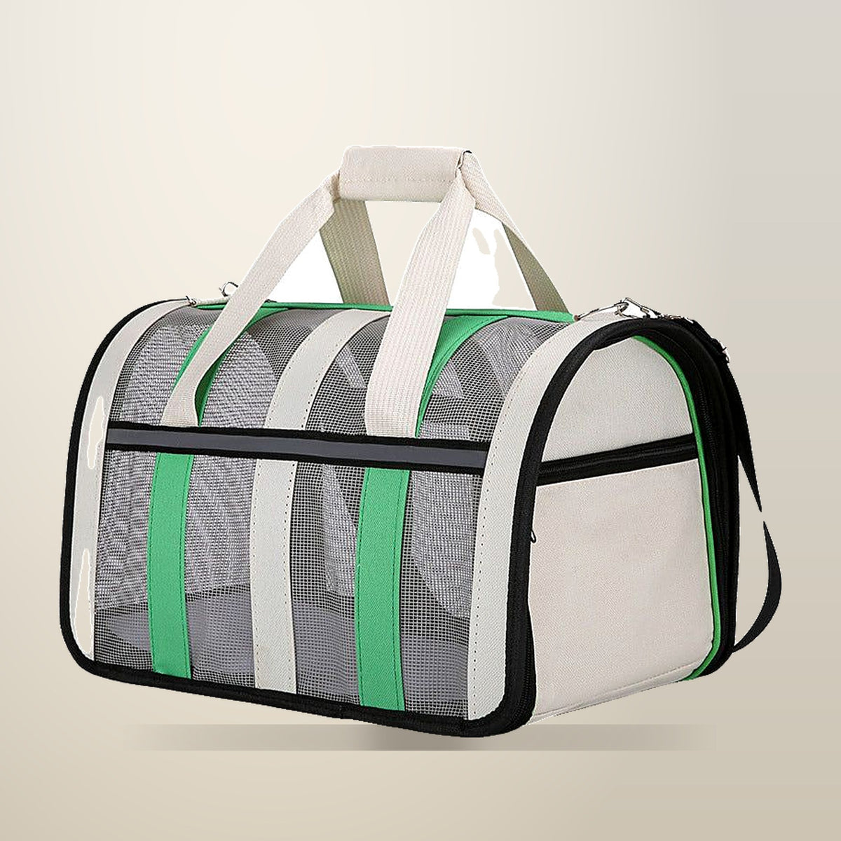 Breathable Cat Tote Bag with Reflective Strips, Green, on a plain cream background