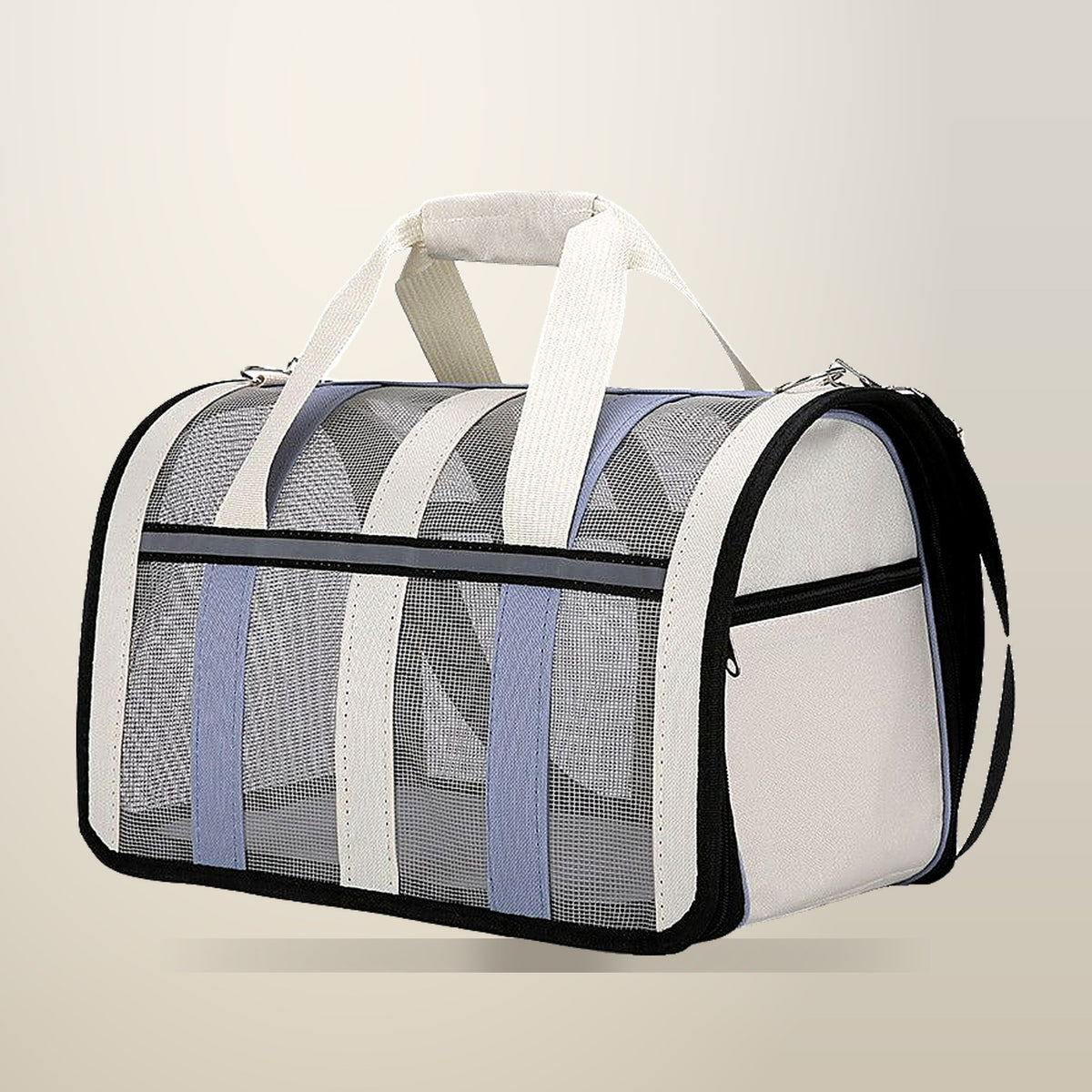 Soft Breathable Cat Tote Bag with Mesh Panels, Blue, on a plain cream background
