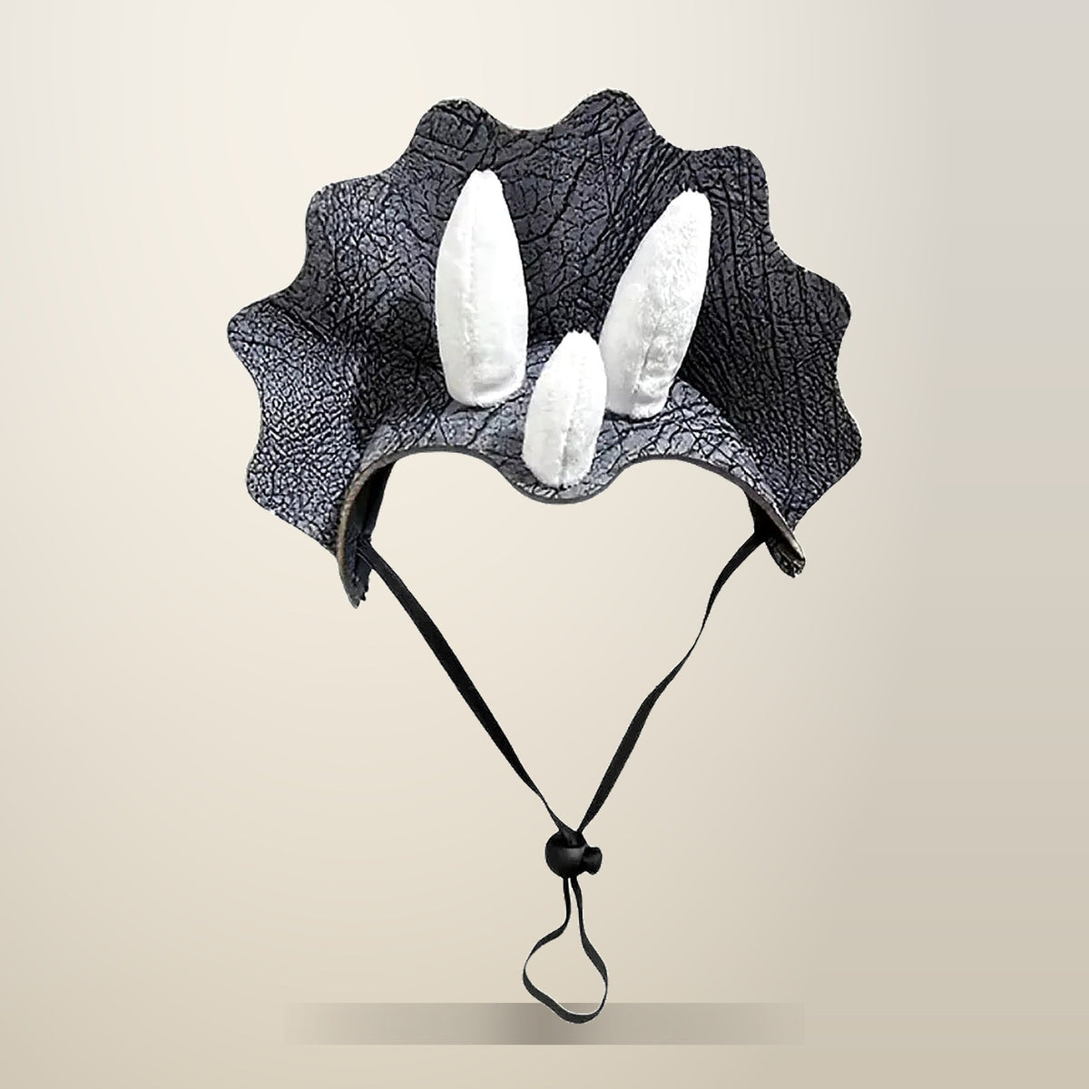 Triceratops Pet Costume Hat with 3D Horns, on a plain cream background