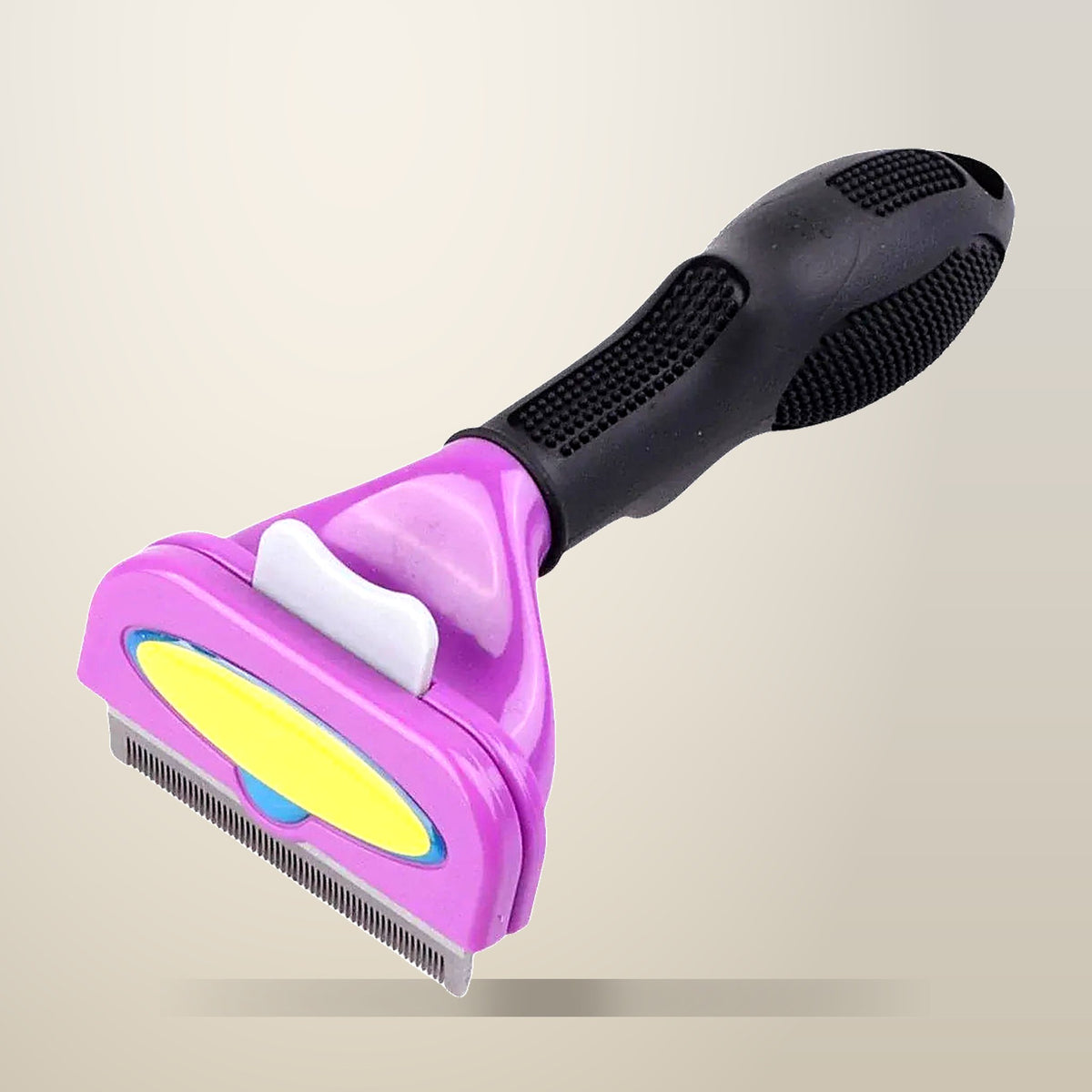 Stainless Steel Pet Deshedding Brush, Purple or Yellow, on a plain cream background