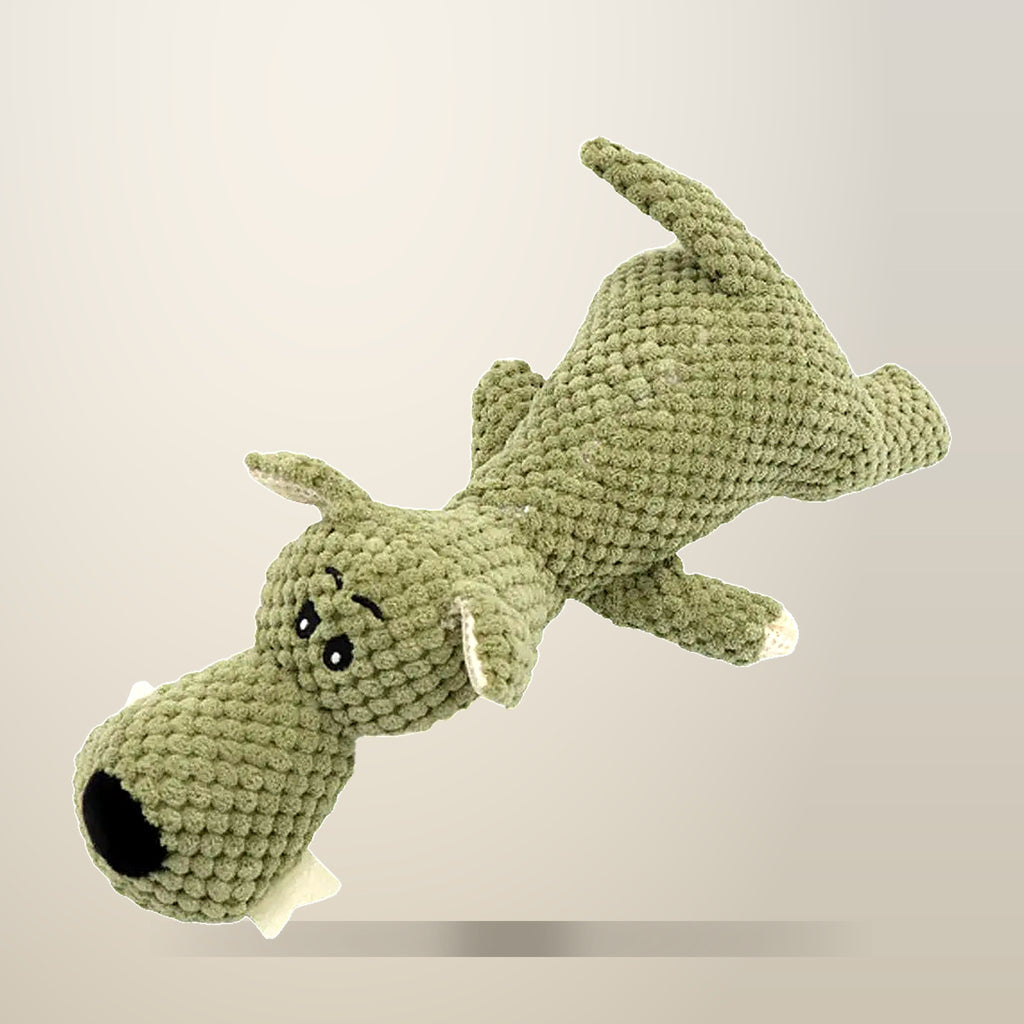Corn Fleece Plush Squeaky Toy, Orange, Green or Grey, on a plain cream background