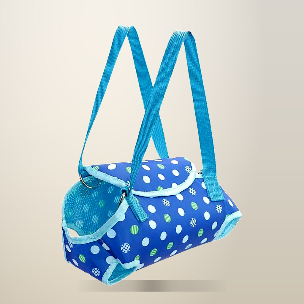 Shoulder Carry Dog Backpack with Leash Ring, Blue, on a plain cream background