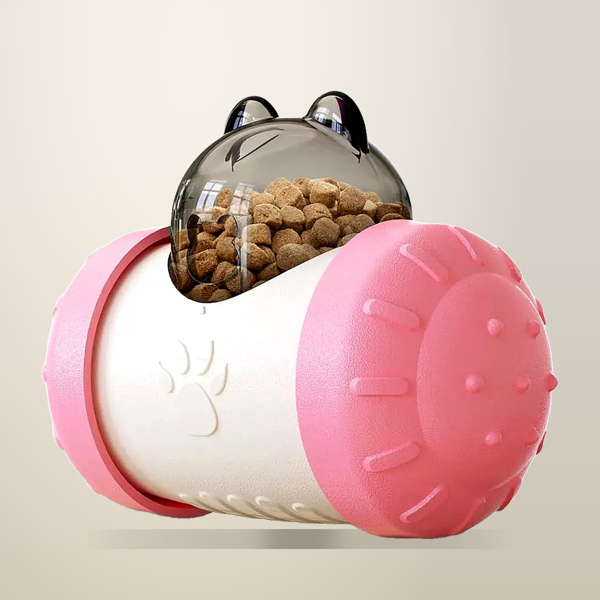 Aimall Interactive Slow Feeder Swing Toy, Chew Resistant, Pink, on a plain cream background
