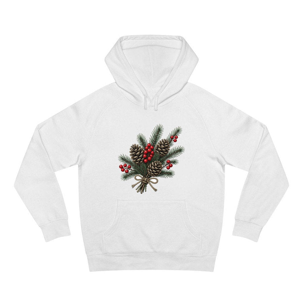 Pine and Pinecone Bundle personalised Christmas hoodie in white