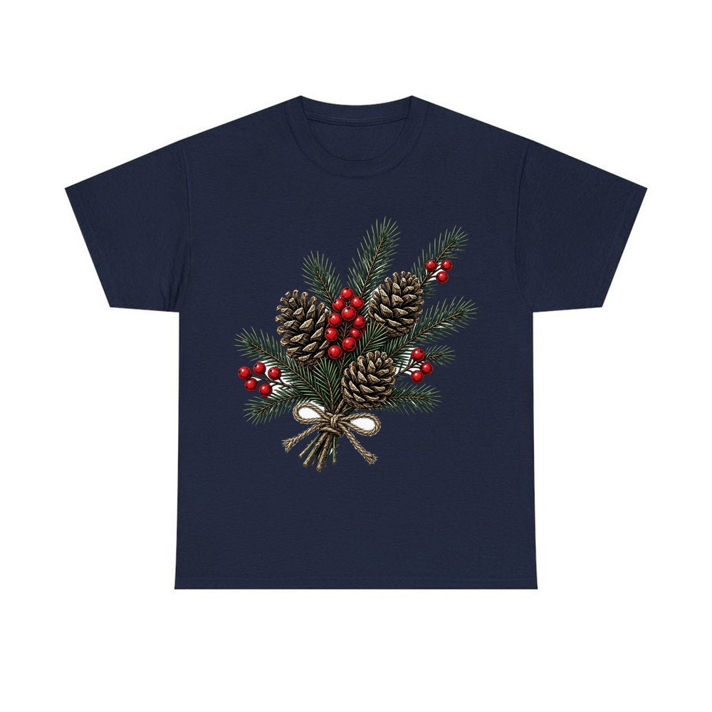 Pine and Pinecone Bundle personalised Christmas T-shirt in navy