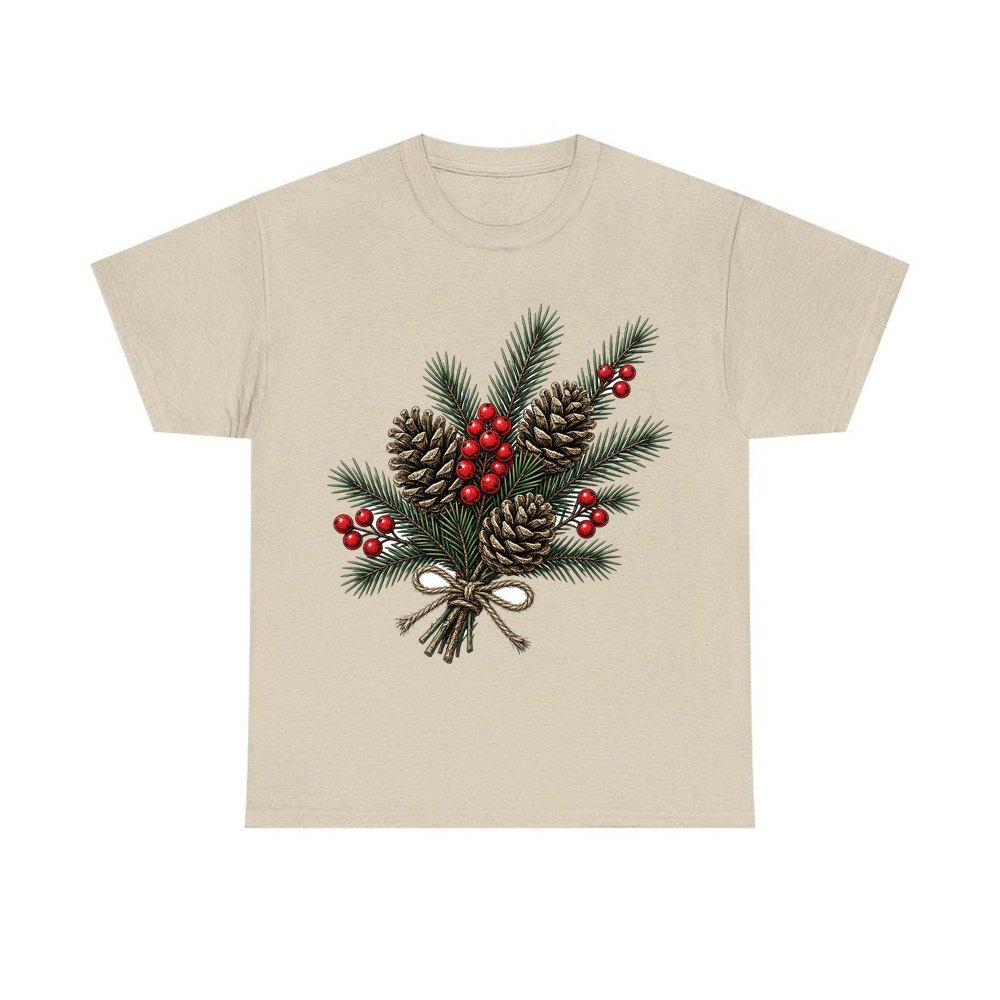 Pine and Pinecone Bundle personalised Christmas T-shirt in sand