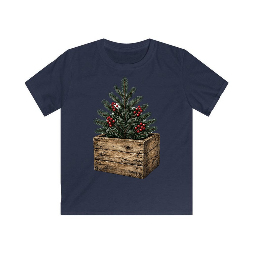 Pine Sprigs In Wooden Crate personalised kids Christmas tee in navy