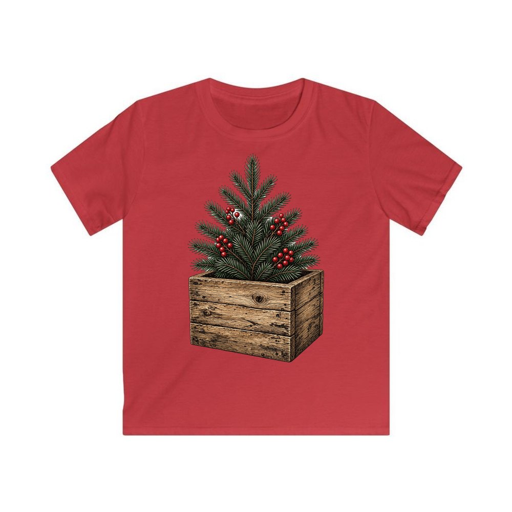 Pine Sprigs In Wooden Crate personalised kids Christmas tee in red