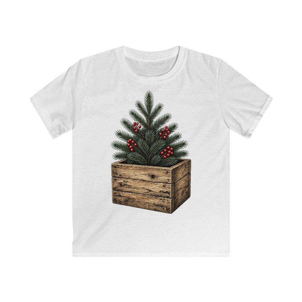 Pine Sprigs In Wooden Crate personalised kids Christmas tee in white