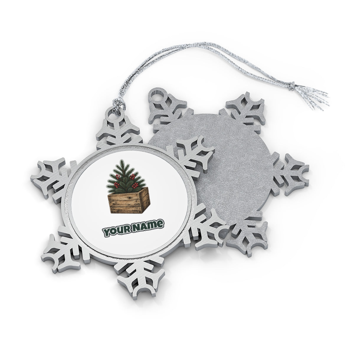 Pine Sprigs In Wooden Crate Personalised Pewter Christmas Ornament