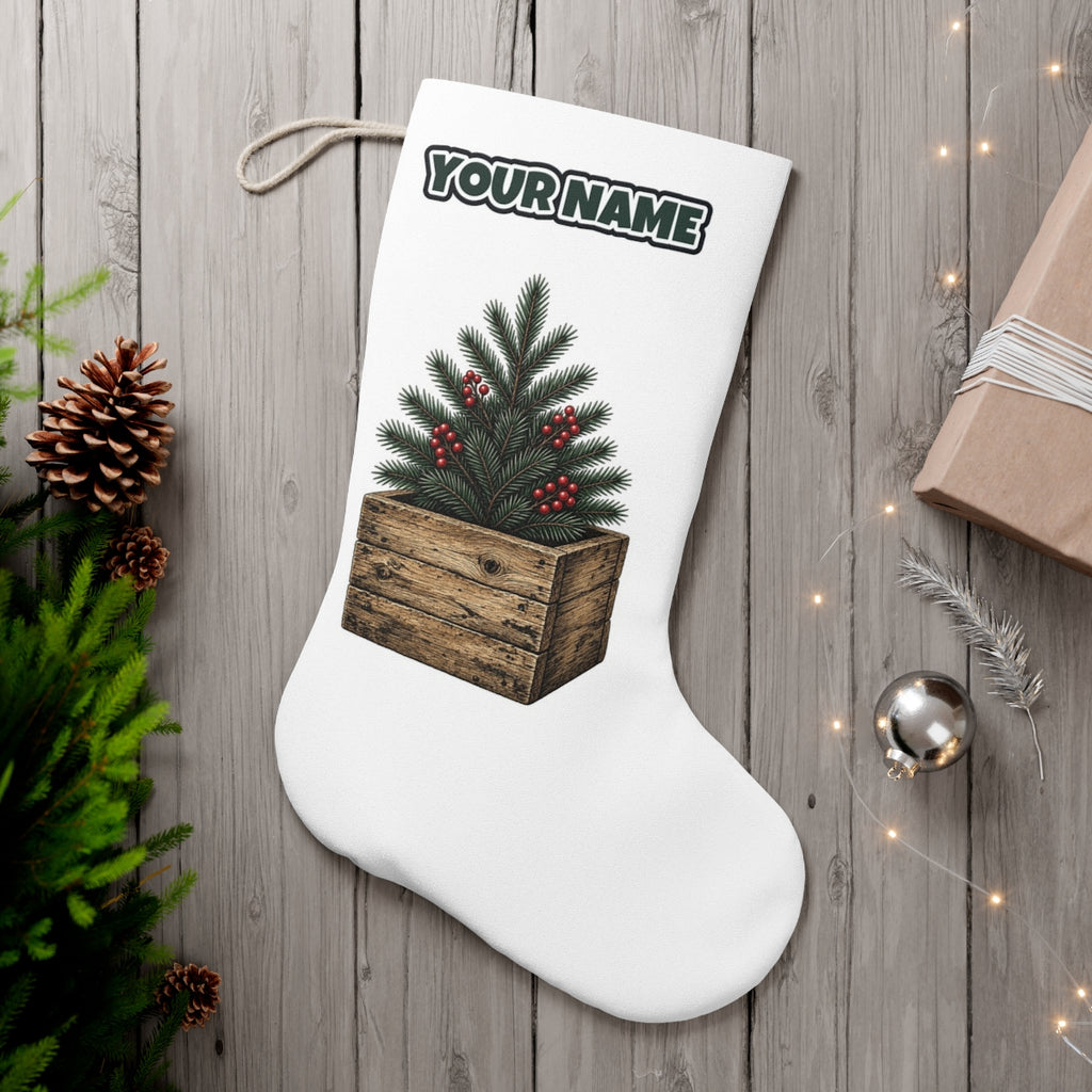 Pine Sprigs In Wooden Crate personalised Christmas stocking, white, with the name across the top