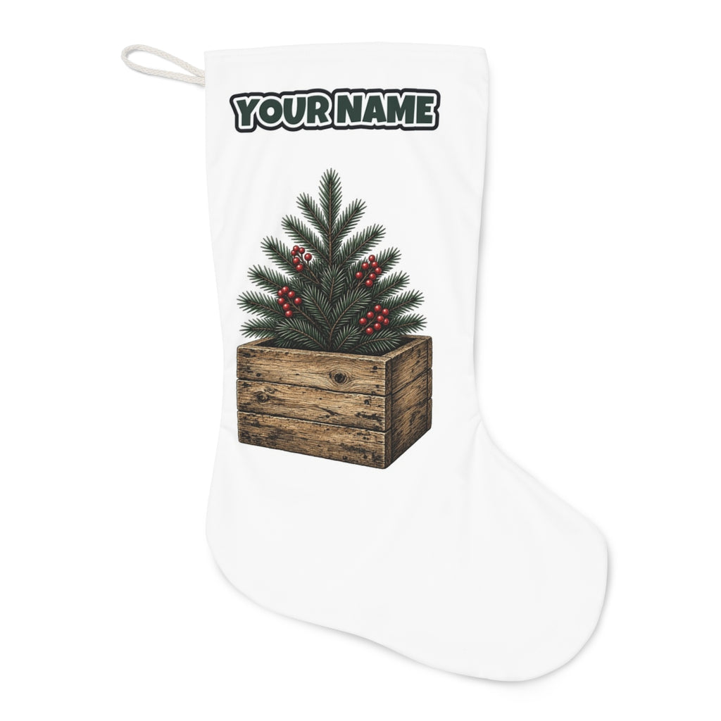 Pine Sprigs In Wooden Crate Christmas stocking laid flat, showing the full print