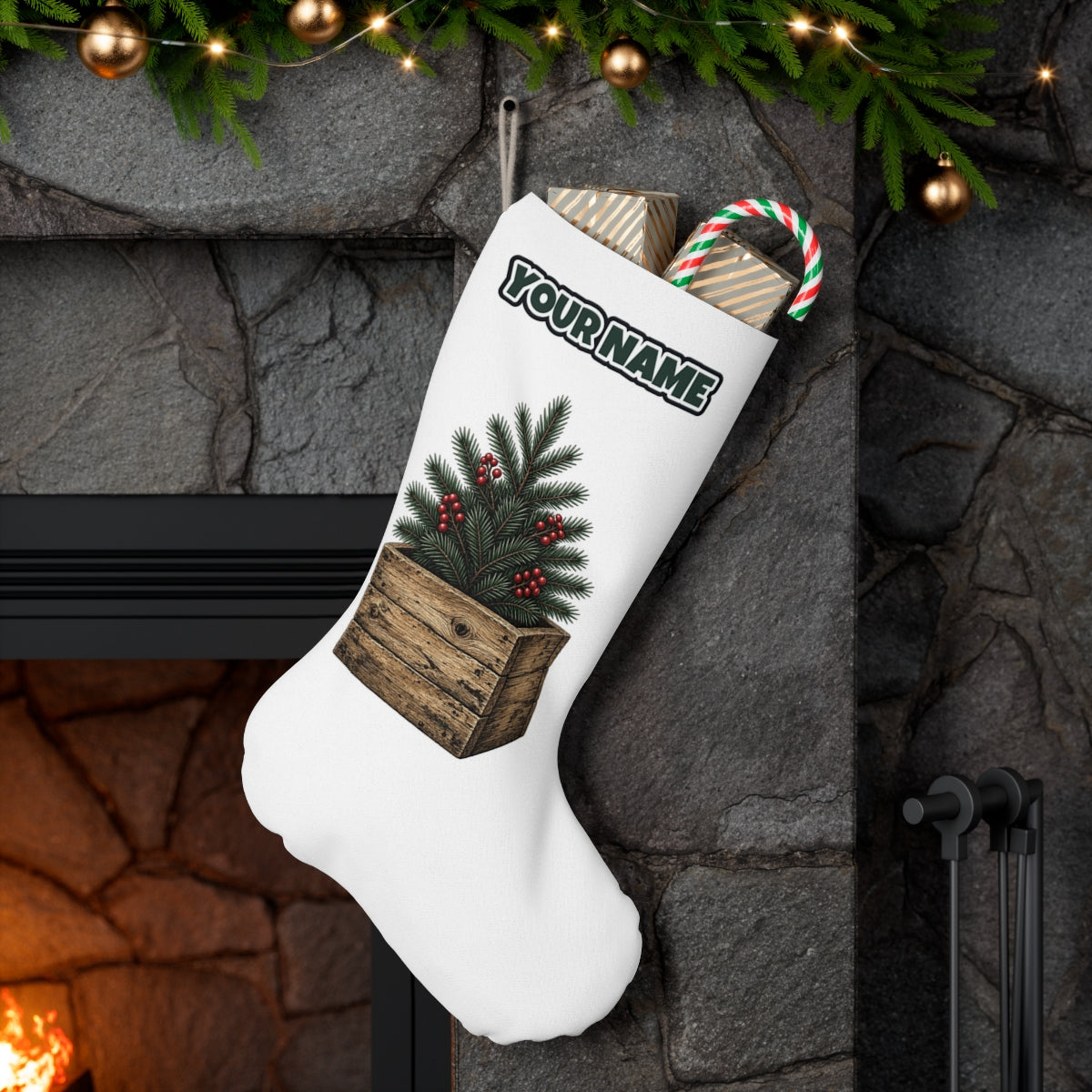 Pine Sprigs In Wooden Crate personalised Christmas stocking hanging on a mantel