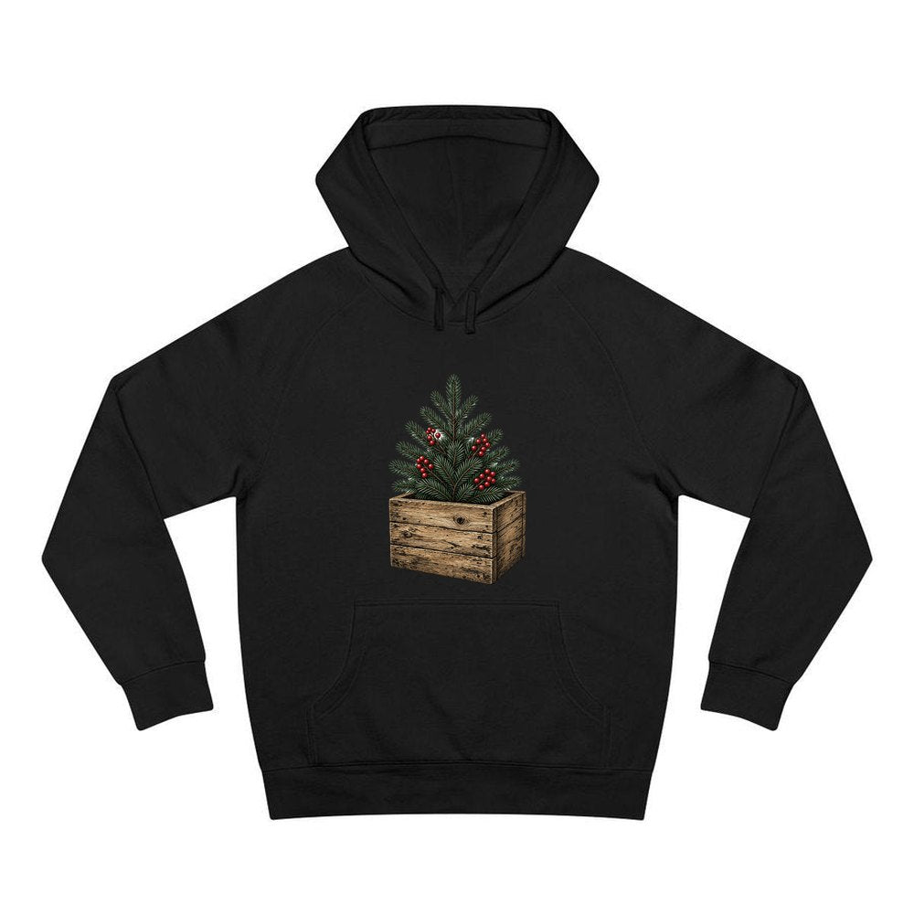 Pine Sprigs In Wooden Crate personalised Christmas hoodie in black