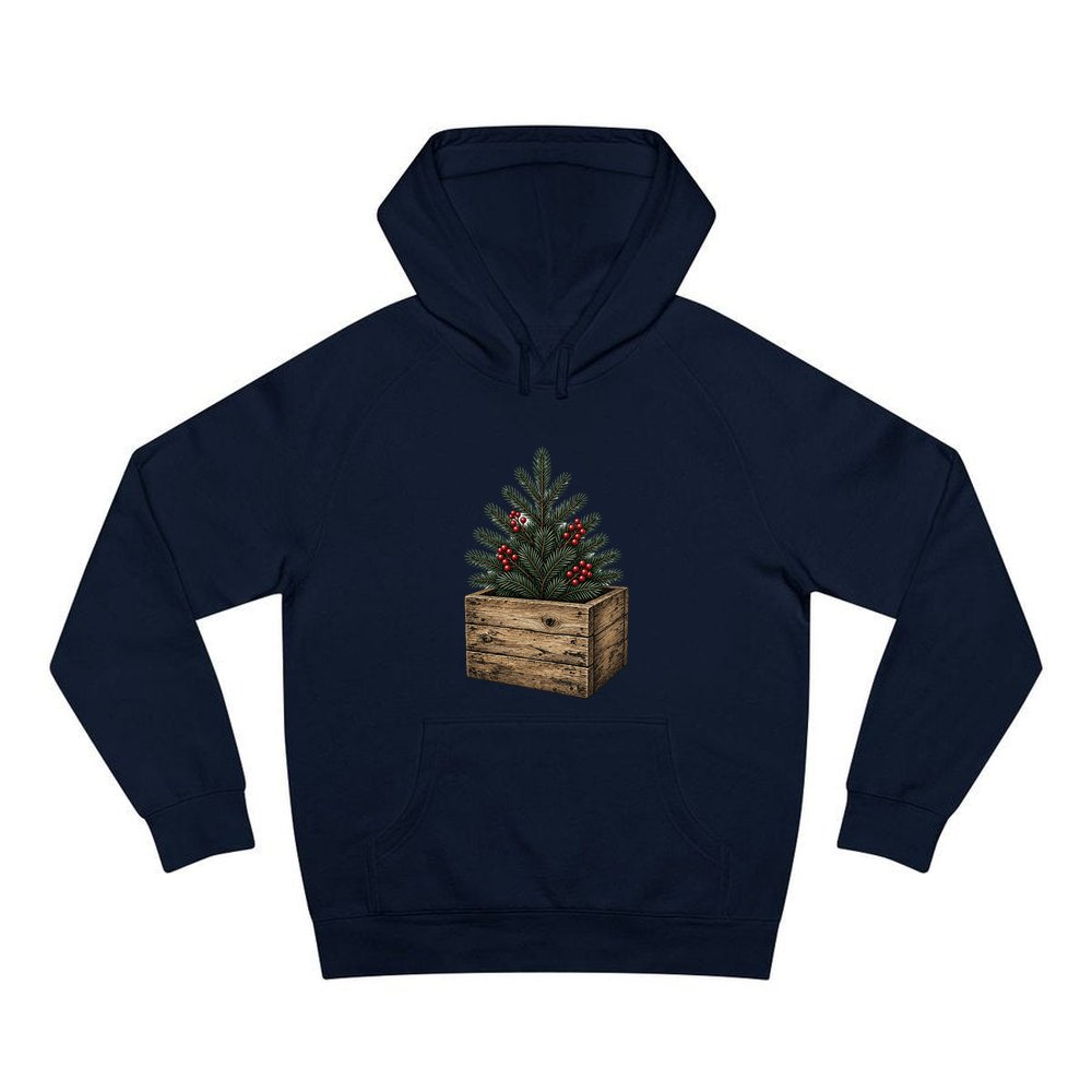 Pine Sprigs In Wooden Crate personalised Christmas hoodie in navy