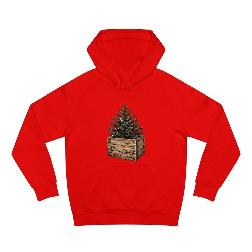 Pine Sprigs In Wooden Crate personalised Christmas hoodie in red