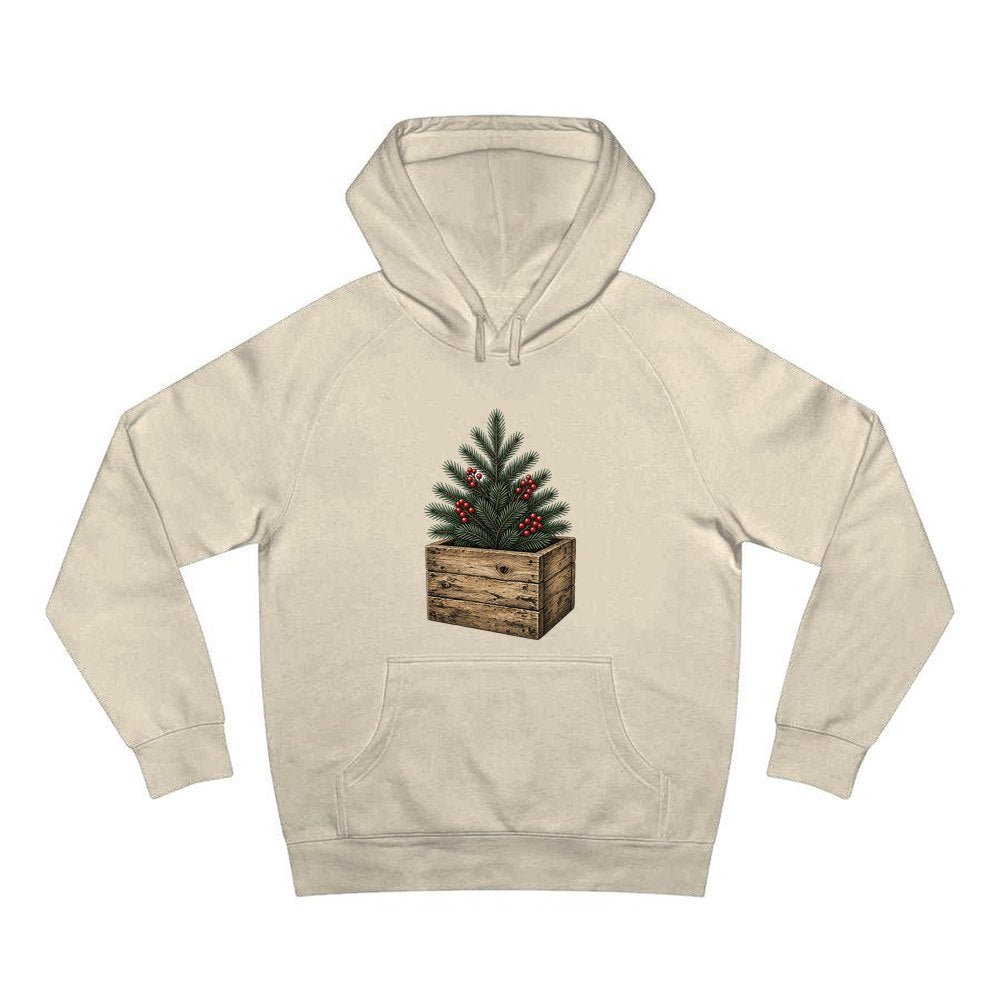Pine Sprigs In Wooden Crate personalised Christmas hoodie in sand