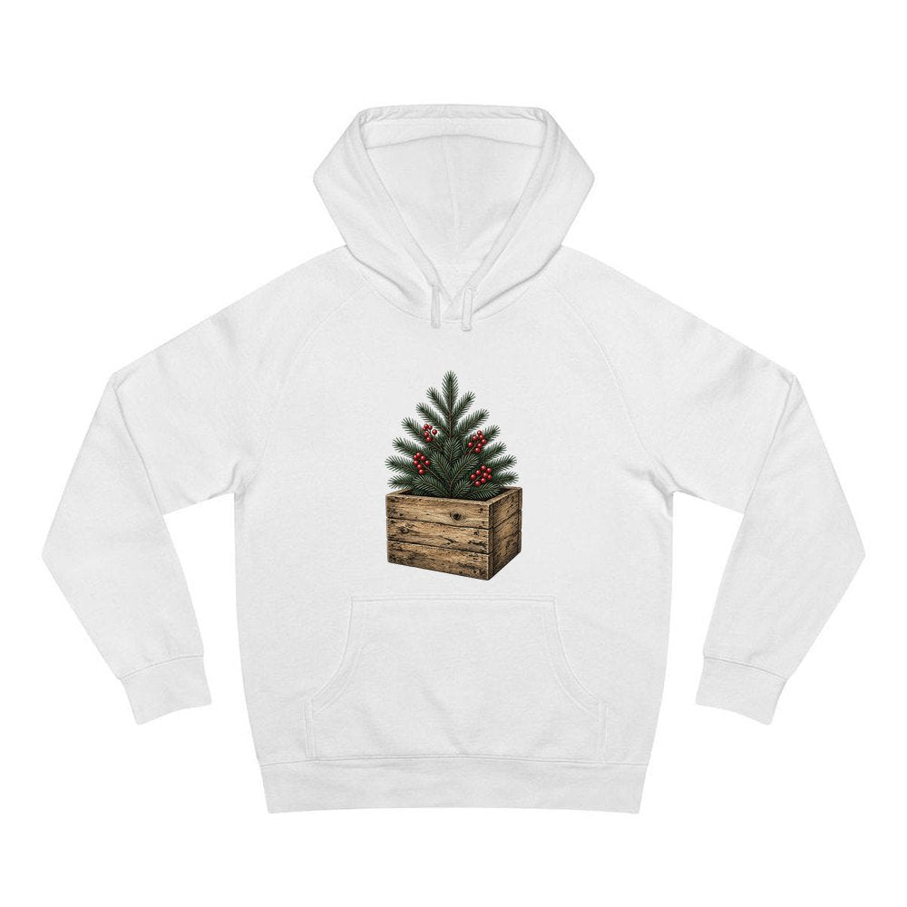 Pine Sprigs In Wooden Crate personalised Christmas hoodie in white