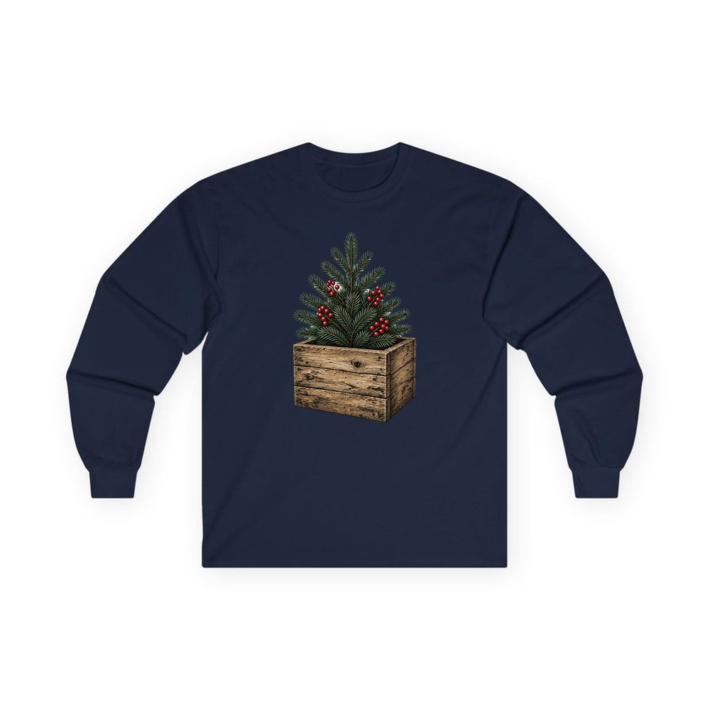 Pine Sprigs In Wooden Crate personalised long sleeve Christmas T-shirt in navy