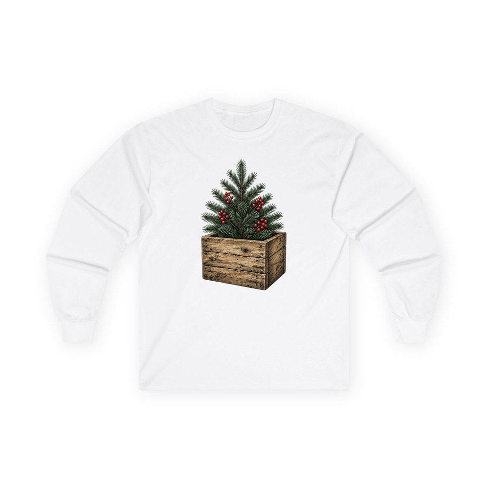 Pine Sprigs In Wooden Crate personalised long sleeve Christmas T-shirt in white