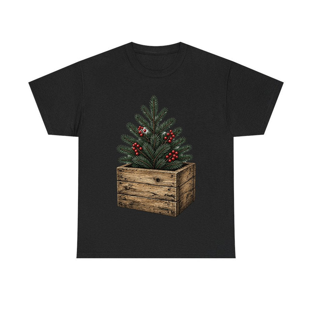Pine Sprigs In Wooden Crate personalised Christmas T-shirt in black