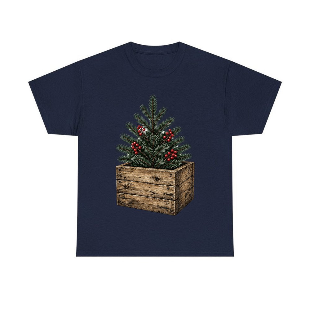 Pine Sprigs In Wooden Crate personalised Christmas T-shirt in navy