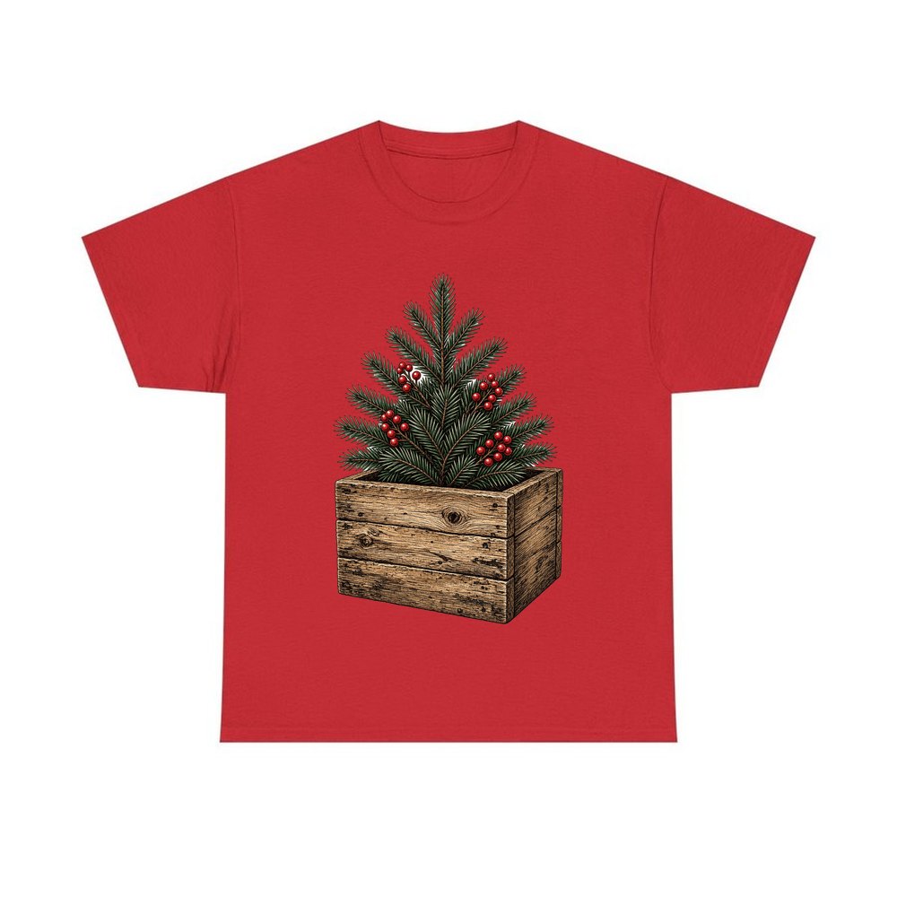 Pine Sprigs In Wooden Crate personalised Christmas T-shirt in red
