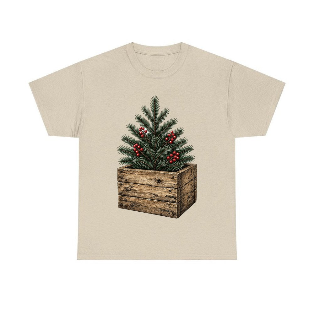 Pine Sprigs In Wooden Crate personalised Christmas T-shirt in sand