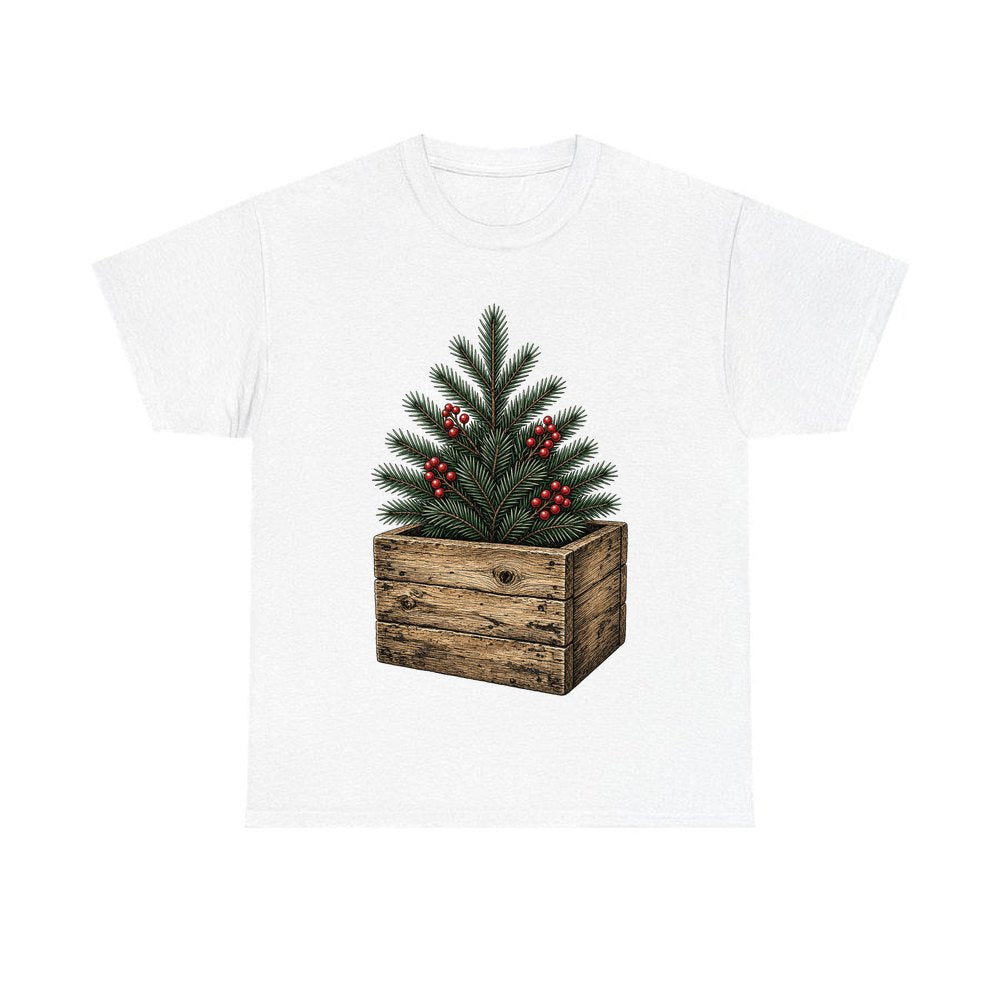 Pine Sprigs In Wooden Crate personalised Christmas T-shirt in white