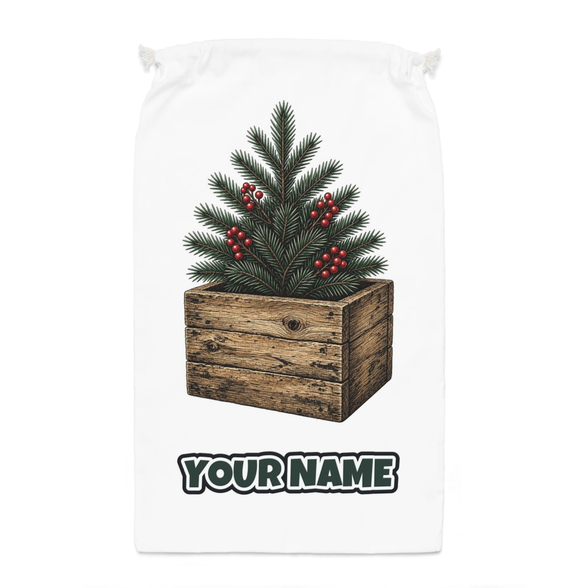 Pine Sprigs In Wooden Crate Santa sack laid flat, showing the full print