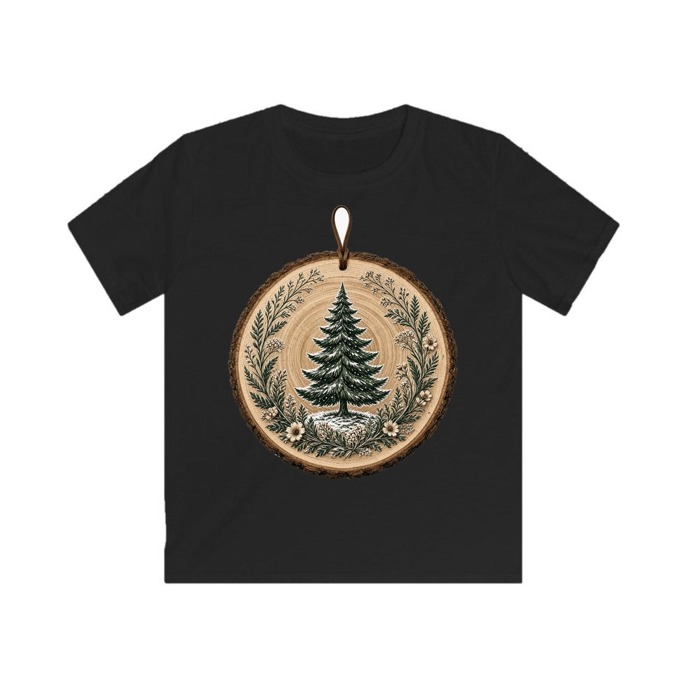 Pine Tree Wood Slice Ornament personalised kids Christmas tee in black