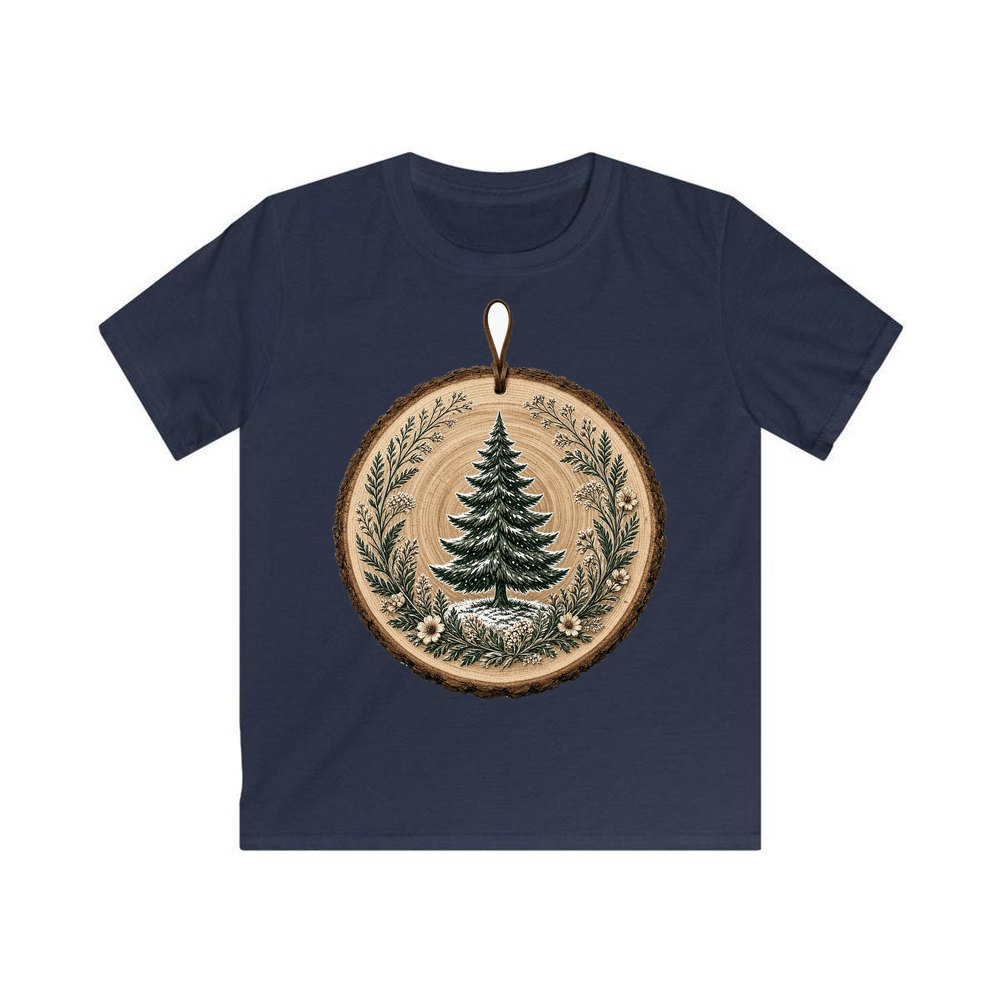 Pine Tree Wood Slice Ornament personalised kids Christmas tee in navy