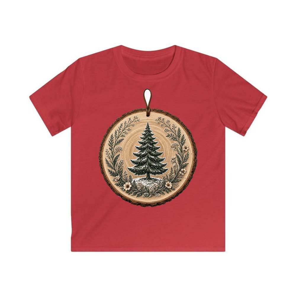 Pine Tree Wood Slice Ornament personalised kids Christmas tee in red