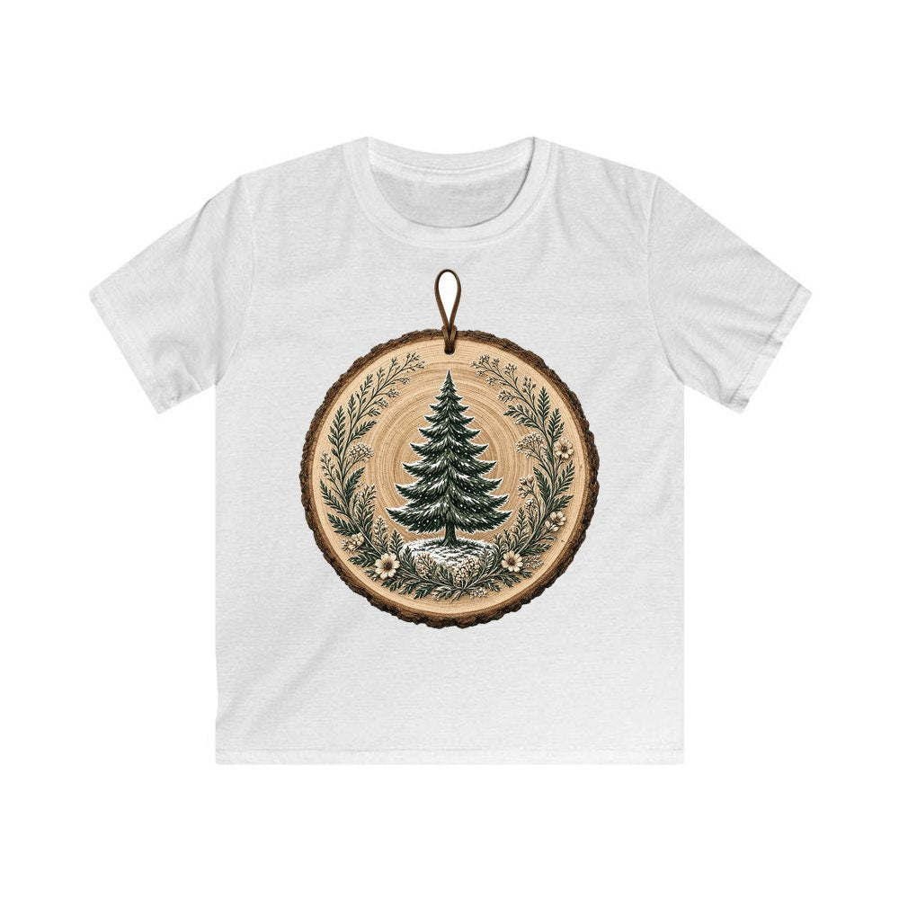 Pine Tree Wood Slice Ornament personalised kids Christmas tee in white