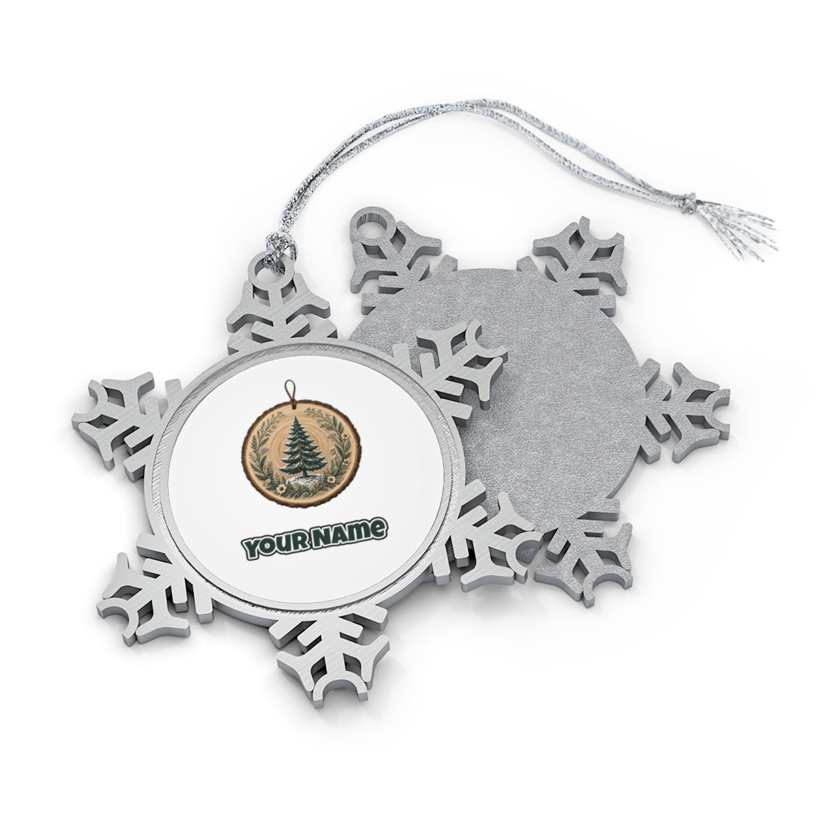 Pine Tree Wood Slice Ornament Personalised Pewter Christmas Ornament