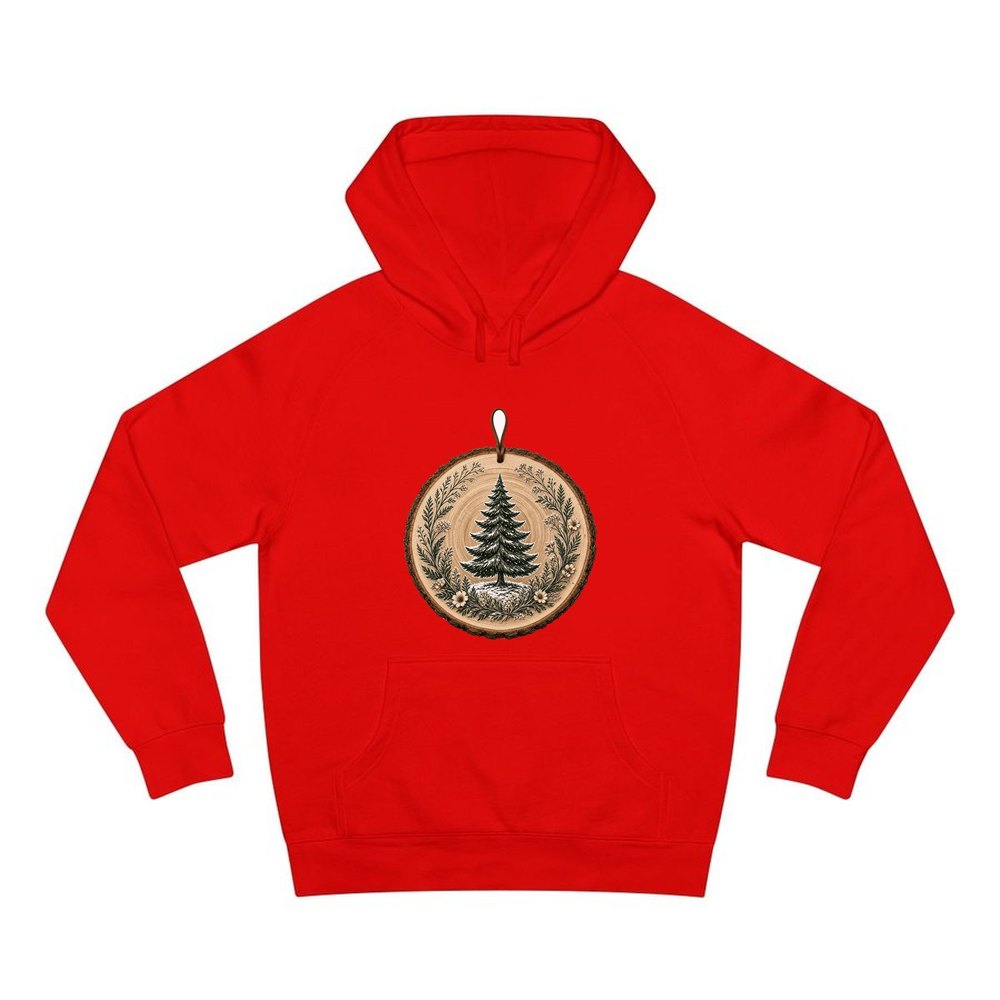 Pine Tree Wood Slice Ornament personalised Christmas hoodie in red