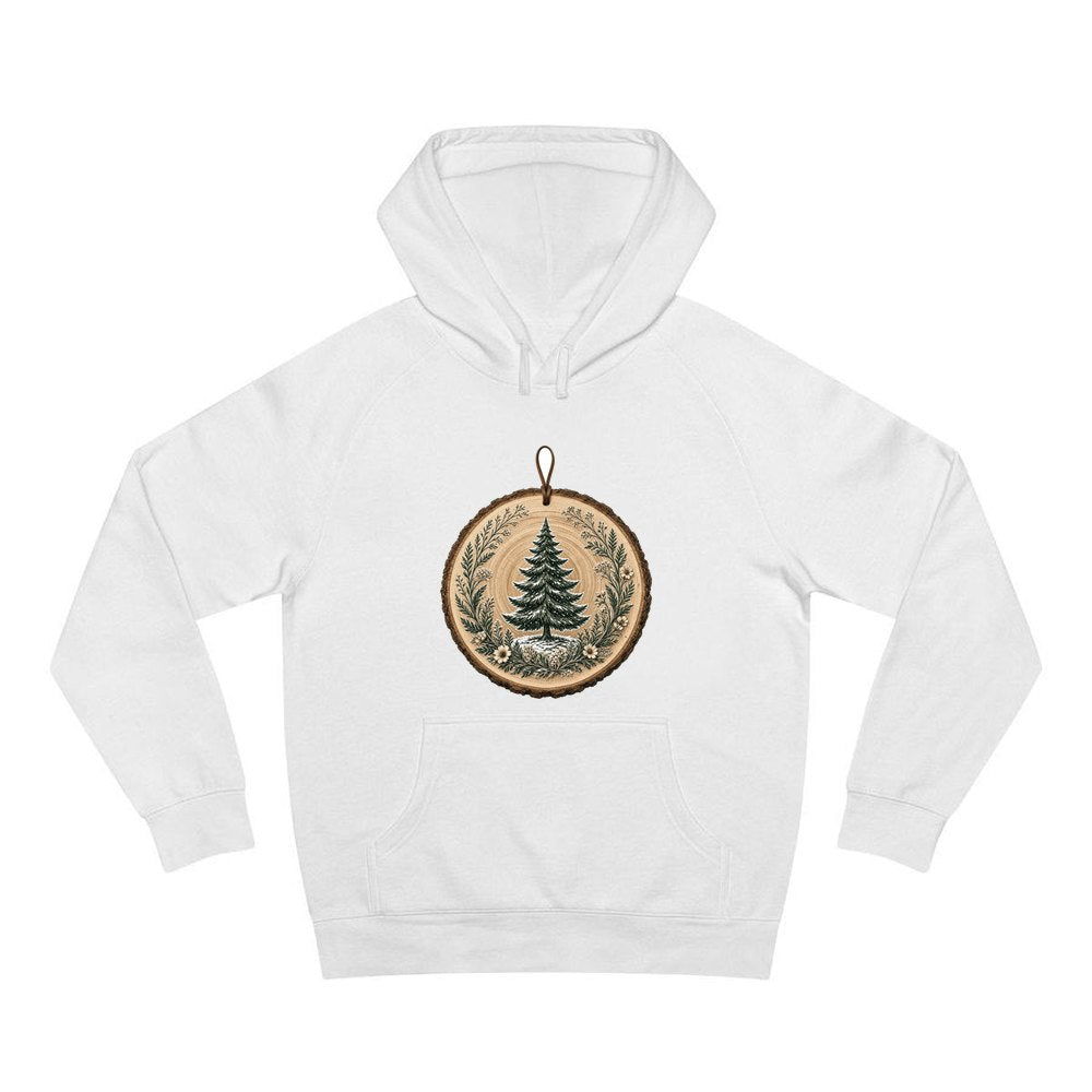 Pine Tree Wood Slice Ornament personalised Christmas hoodie in white