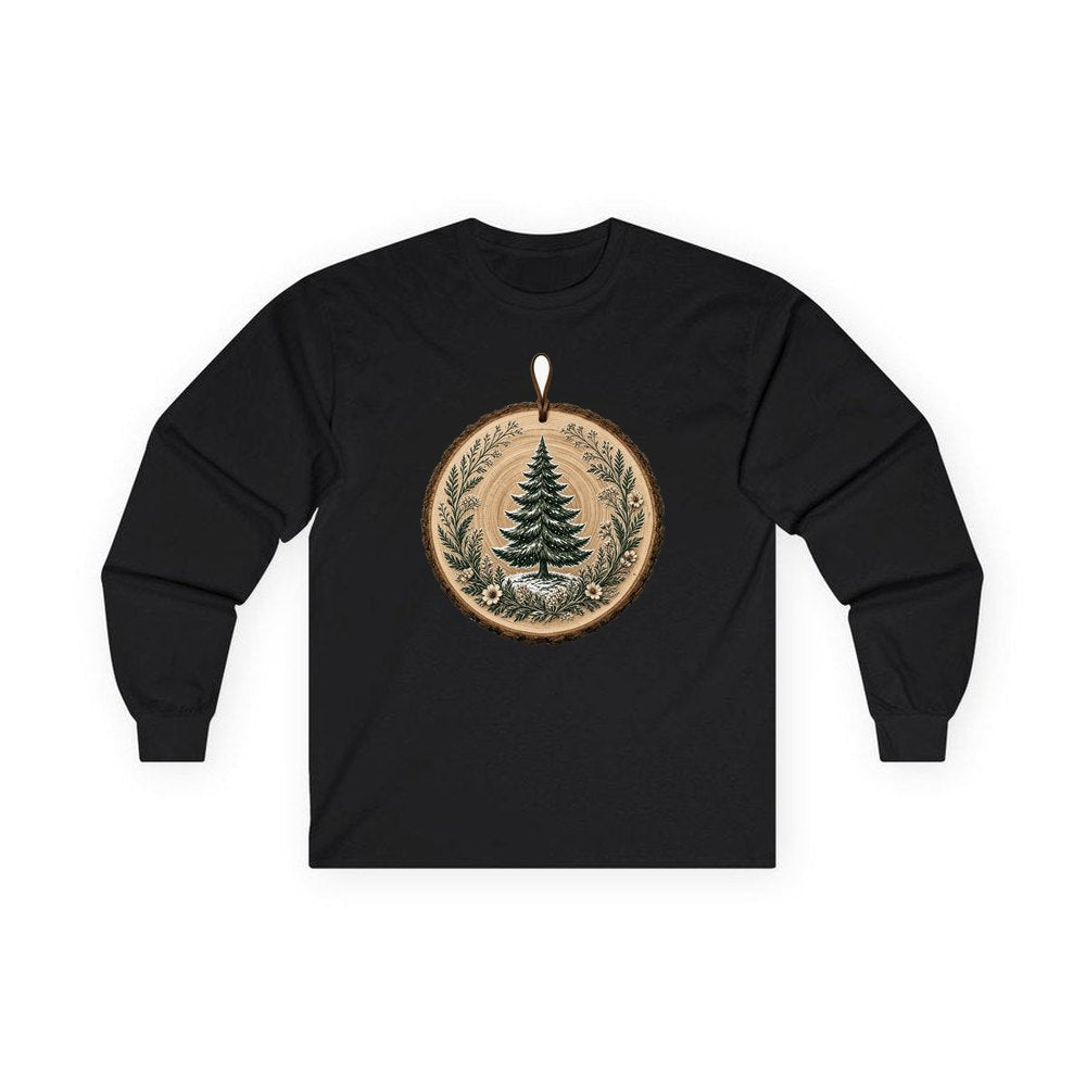 Pine Tree Wood Slice Ornament personalised long sleeve Christmas T-shirt in black
