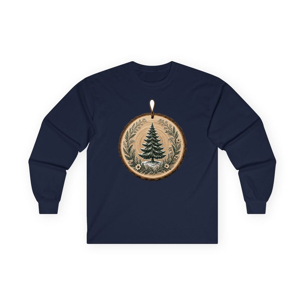 Pine Tree Wood Slice Ornament personalised long sleeve Christmas T-shirt in navy