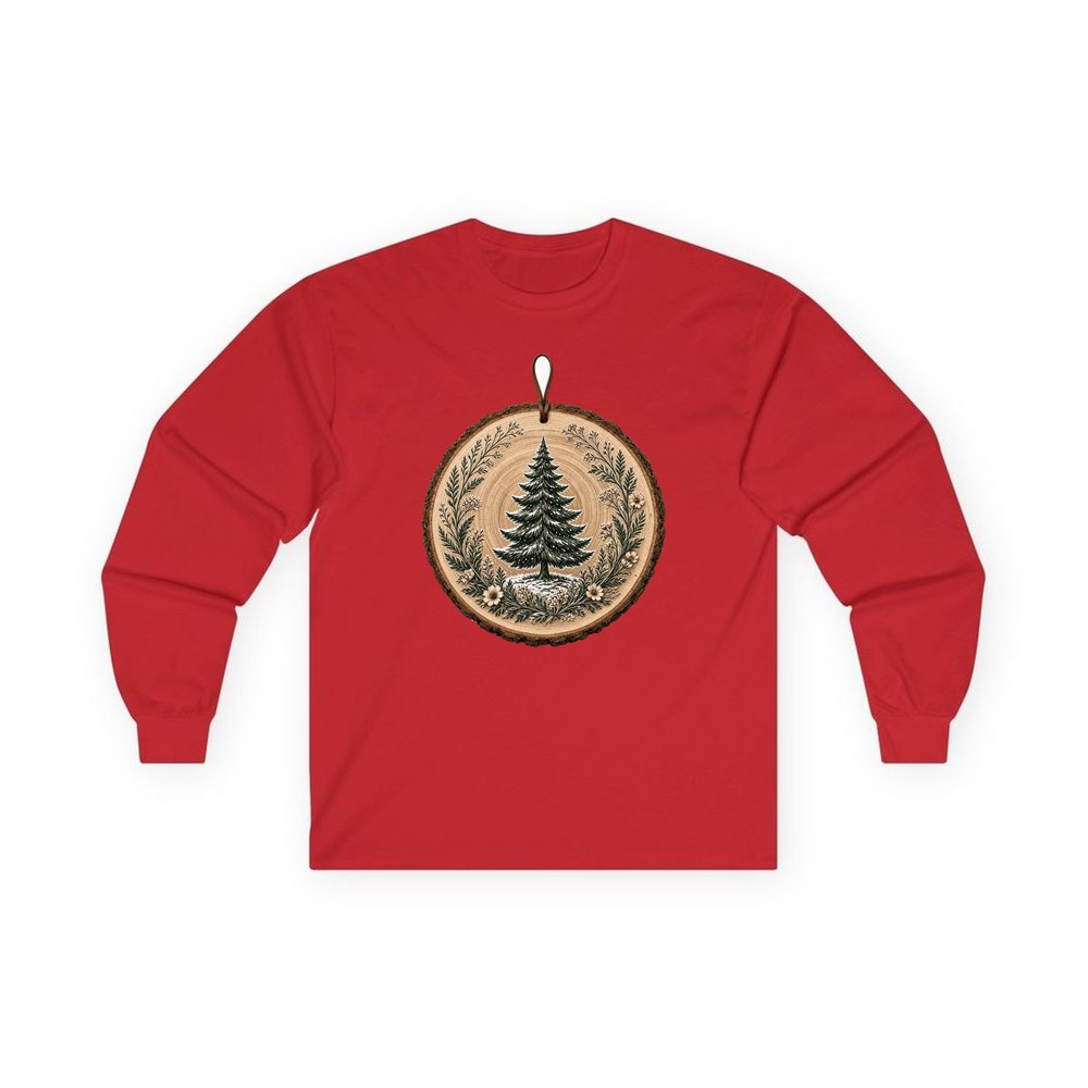 Pine Tree Wood Slice Ornament personalised long sleeve Christmas T-shirt in red