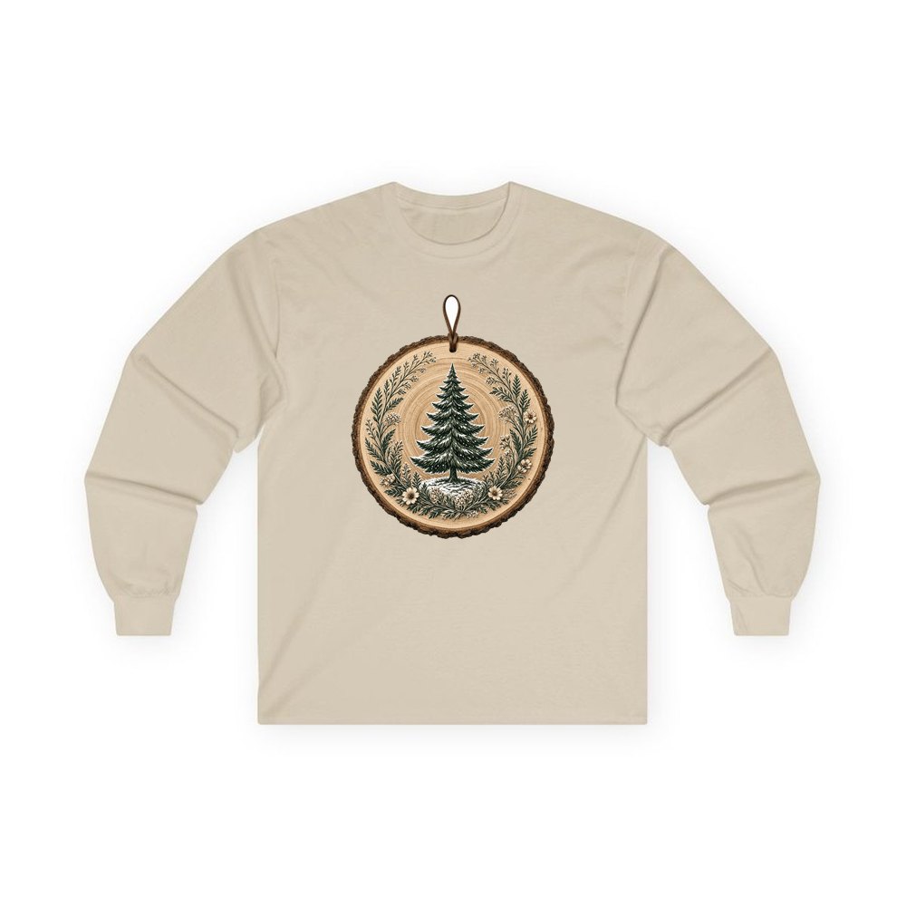 Pine Tree Wood Slice Ornament personalised long sleeve Christmas T-shirt in sand