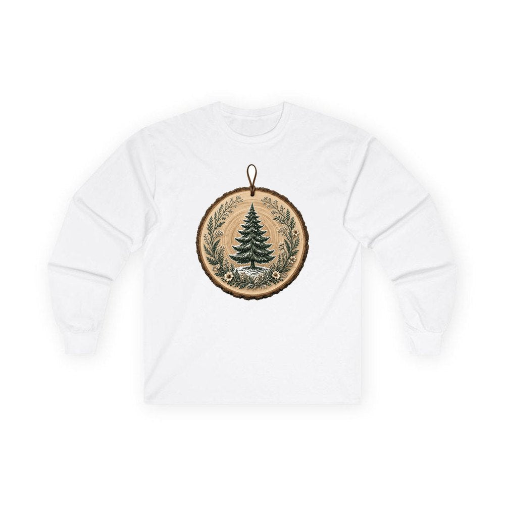 Pine Tree Wood Slice Ornament personalised long sleeve Christmas T-shirt in white