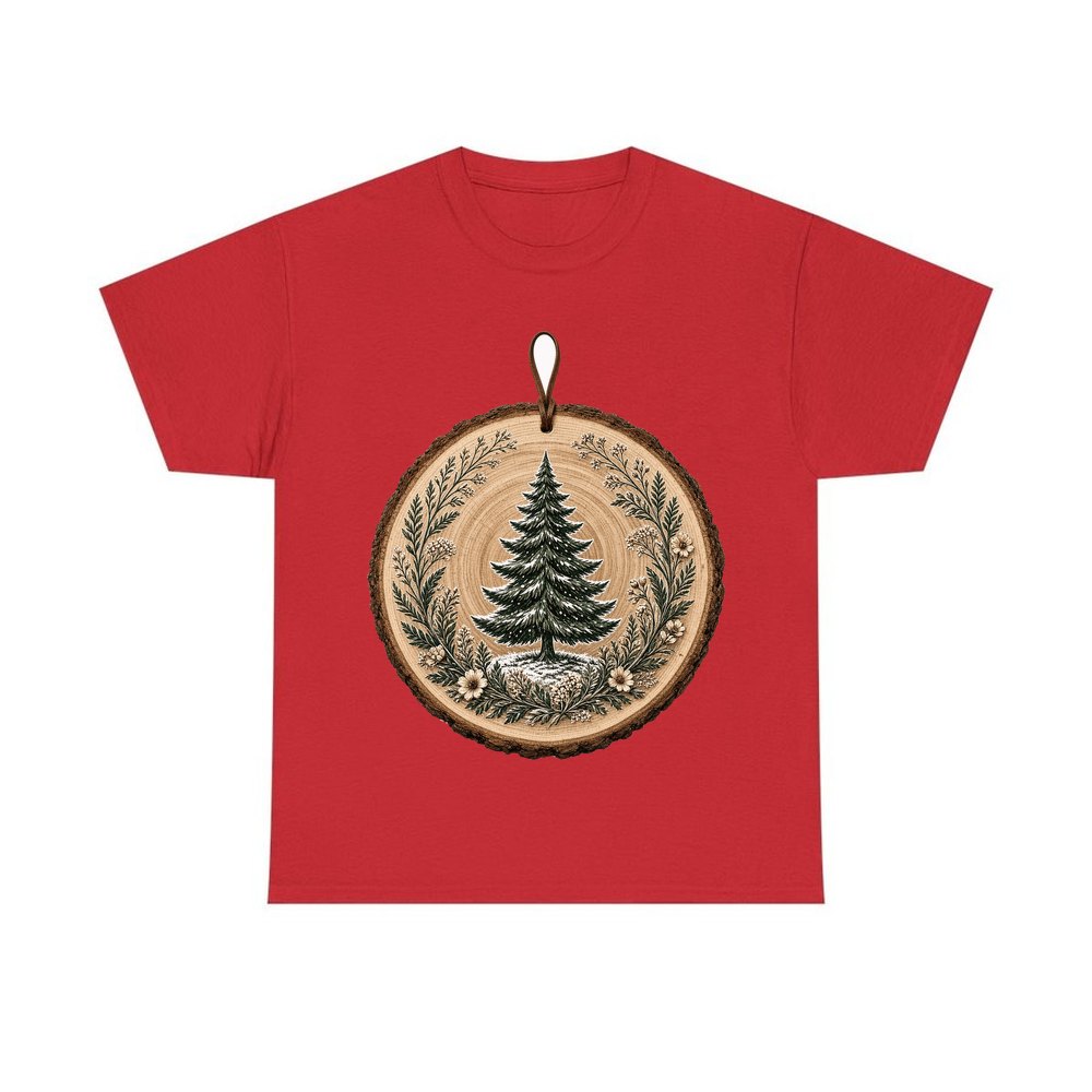 Pine Tree Wood Slice Ornament personalised Christmas T-shirt in red