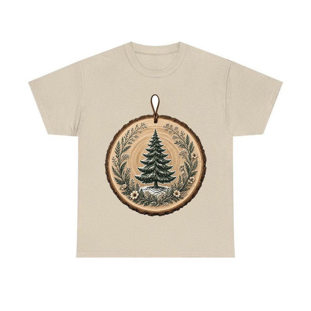 Pine Tree Wood Slice Ornament personalised Christmas T-shirt in sand