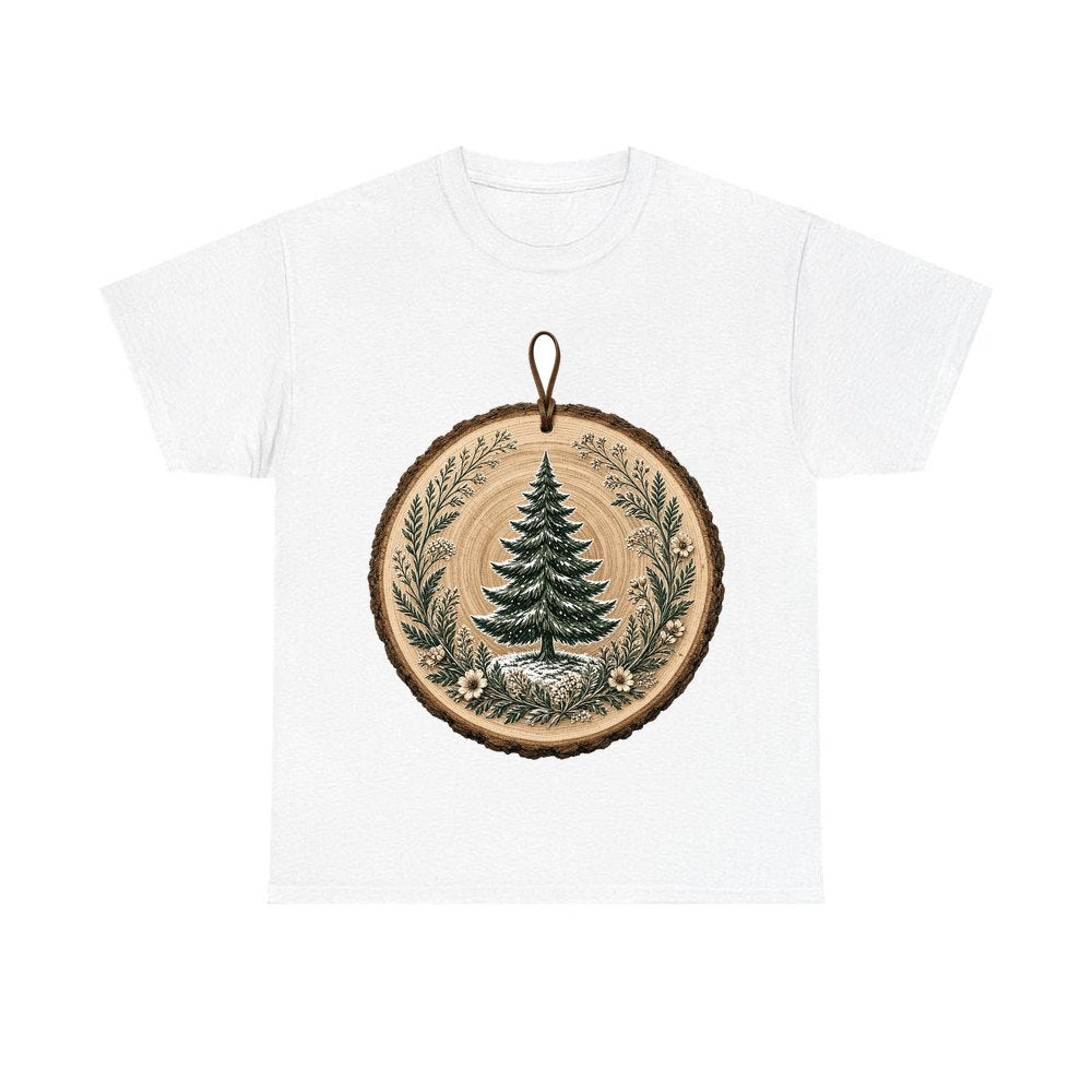 Pine Tree Wood Slice Ornament personalised Christmas T-shirt in white