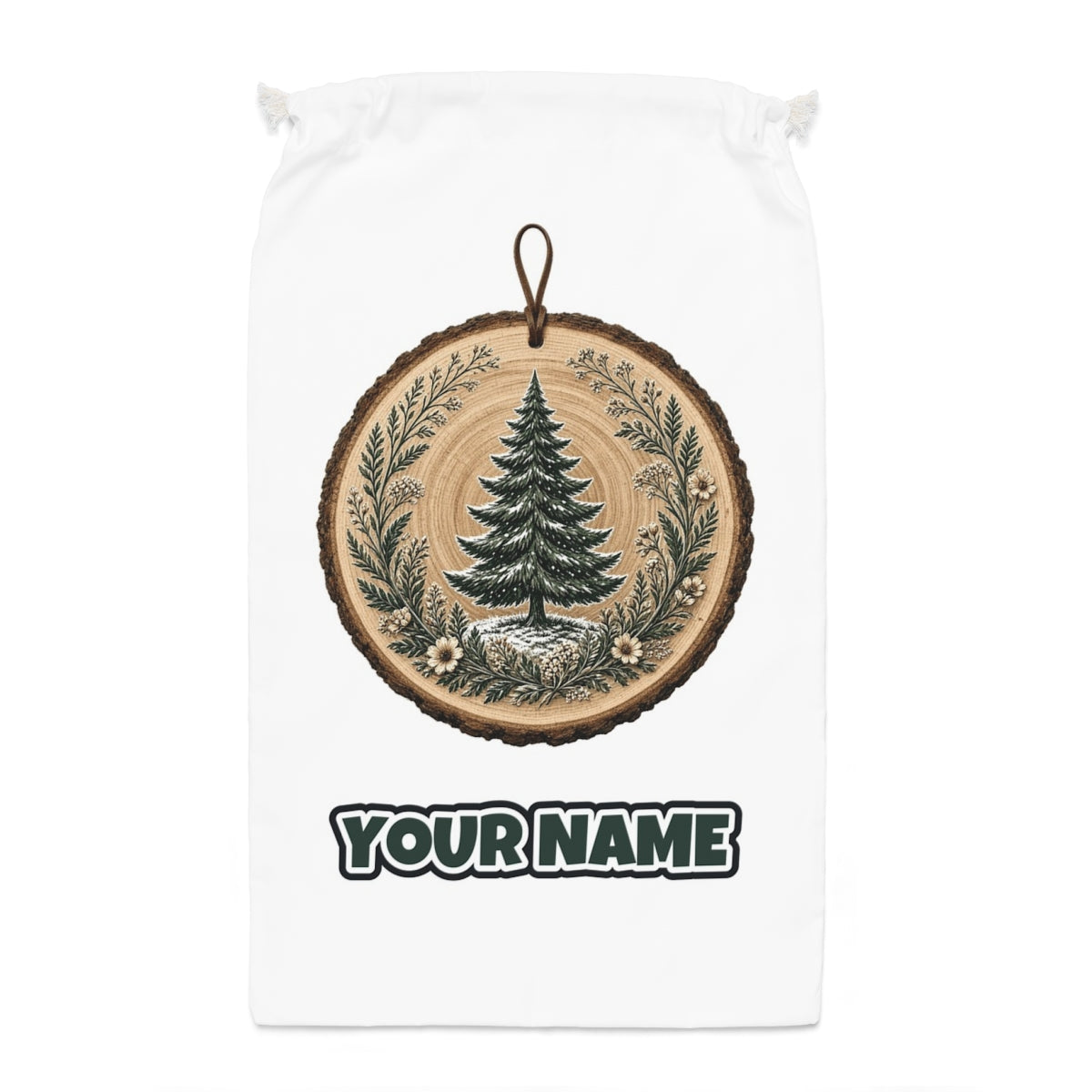 Pine Tree Wood Slice Ornament Santa sack laid flat, showing the full print