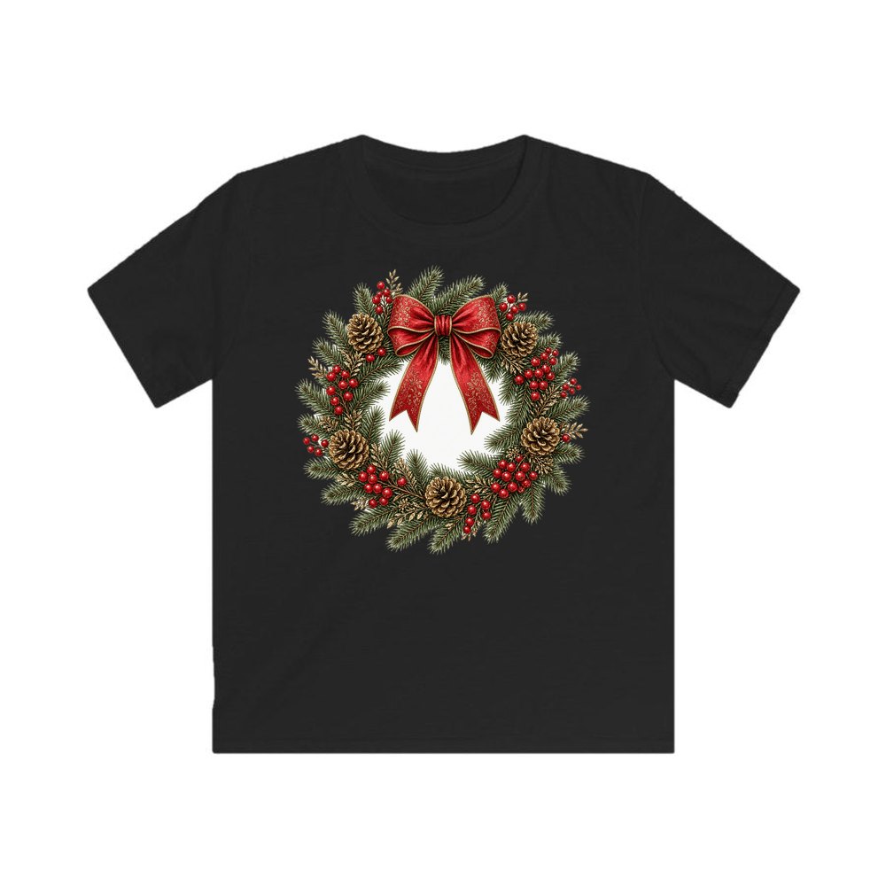 Pinecone and Berry Wreath personalised kids Christmas tee in black