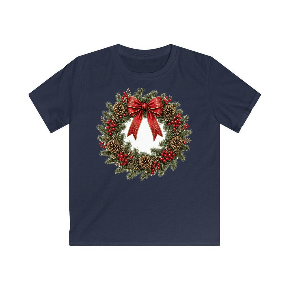 Pinecone and Berry Wreath personalised kids Christmas tee in navy